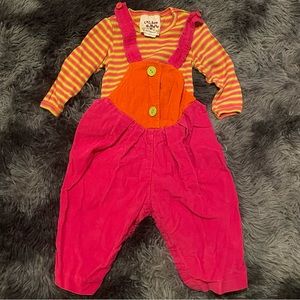 chicken noodle brand matching shirt and overalls set, pink, orange, and green